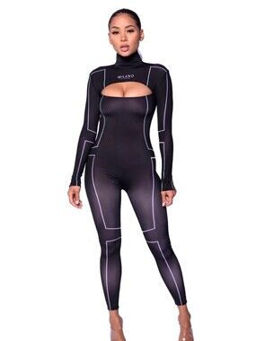 Milano Black Cutout Bodycon Jumpsuit with White Contrast Piping